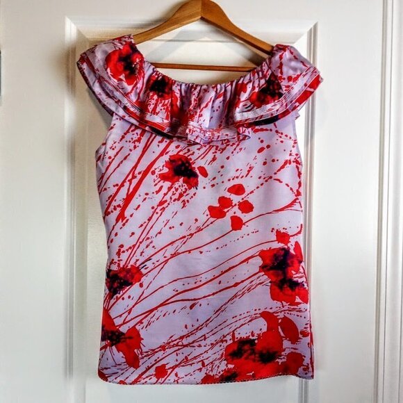 Elie Tahari Pink Red Splatter Print Ruffle Silk Sleeveless Top - Picture 2 of 6